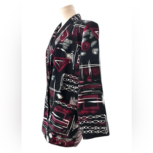 Vintage Emily Adams Women's Black and Red Patterned Blazer size small (D36) - Picture 3 of 11